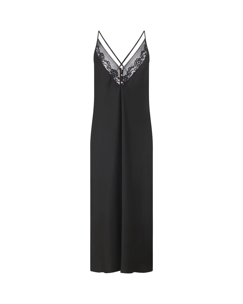 כותונת סאטן מקסי עם שסע בצד בשילוב תחרה - BLACK - Image 5